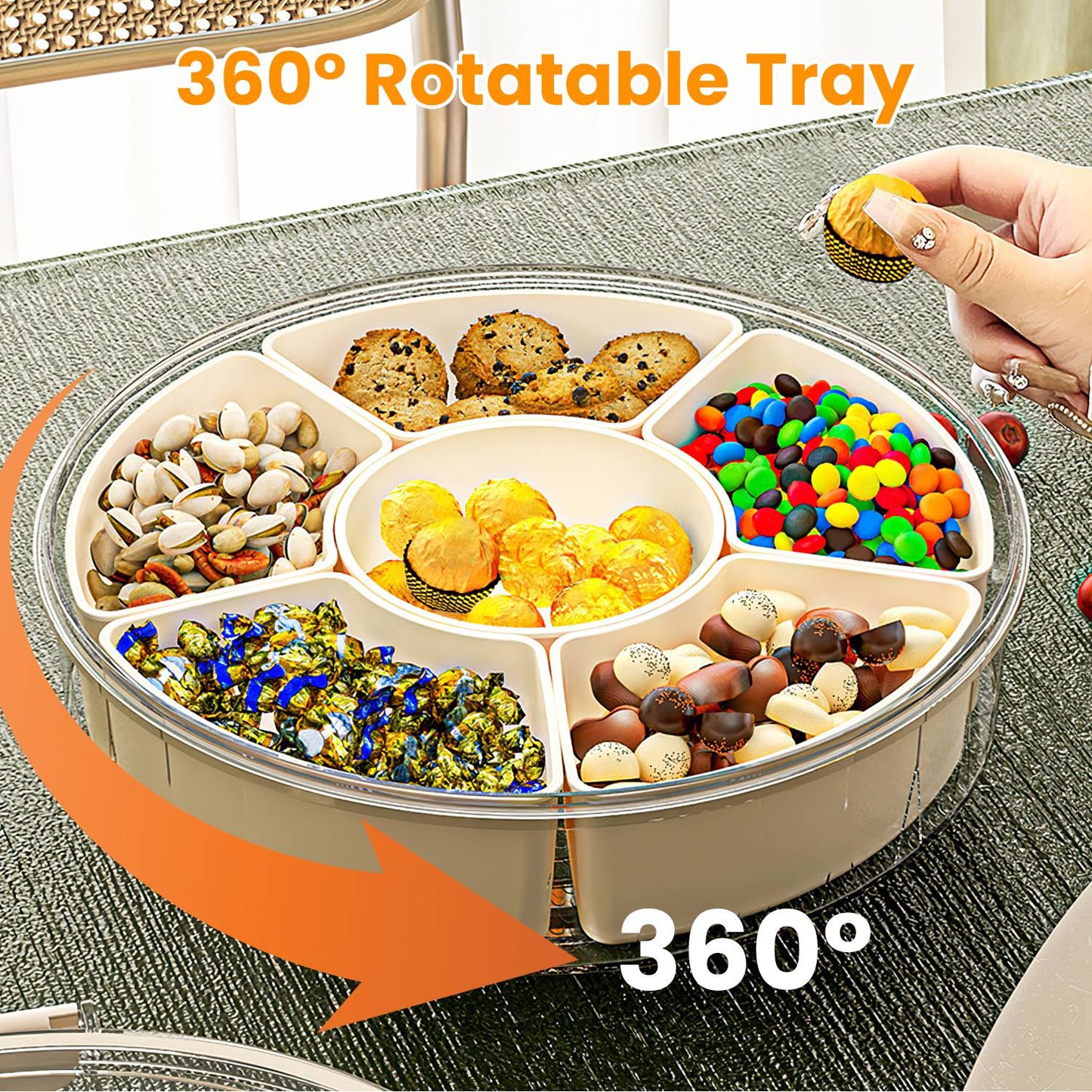 Divided Serving Tray with Lid & Handle - 360° Rotatable Snack Box