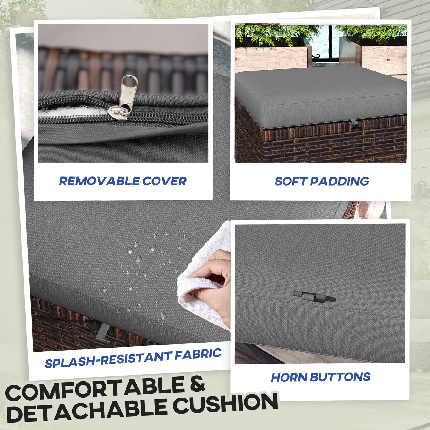 2-Piece Gray Wicker Outdoor Ottomans with Cushions
