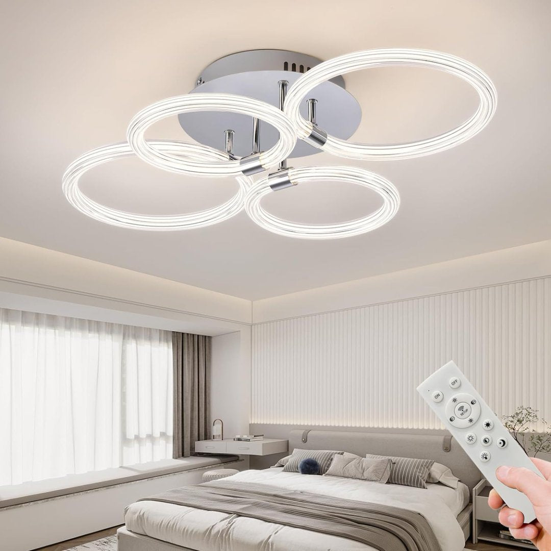 Modern Dimmable LED Ceiling Light with Remote Control, 4-Ring Acrylic Flush Mount Fixture for Bedroom, Living Room, Kitchen