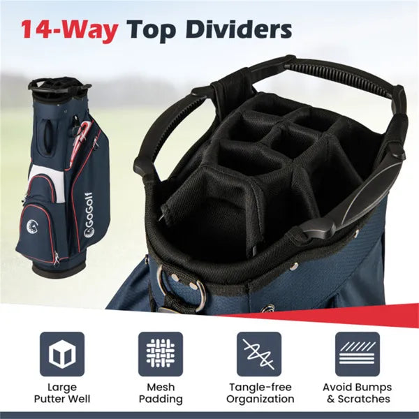 14-Way Golf Cart Bag with 6 Pockets and Cooler - Navy/Red