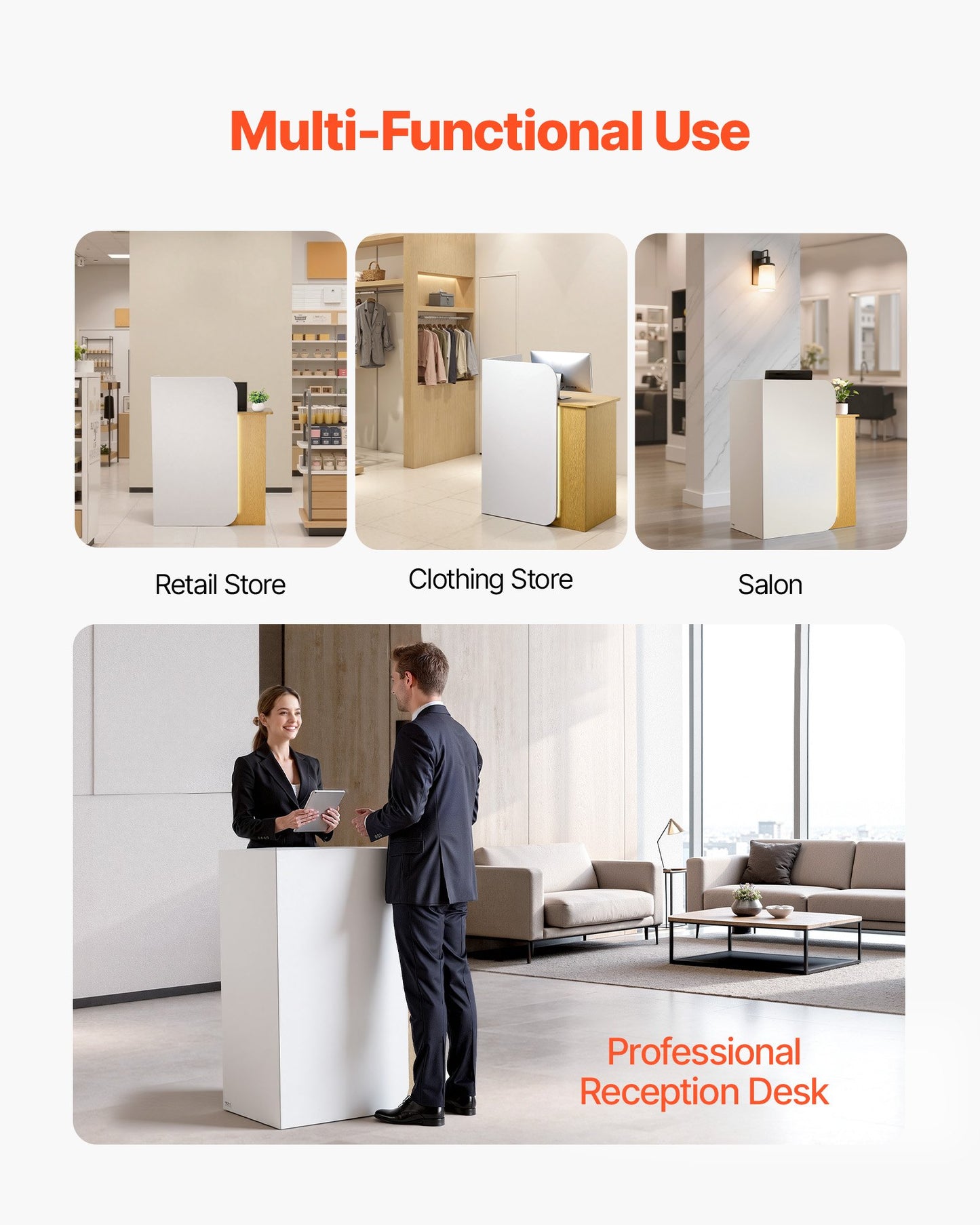 Reception Desk 31.5 Inch Modern Office Front Counter Table with LED Light and Storage - Black