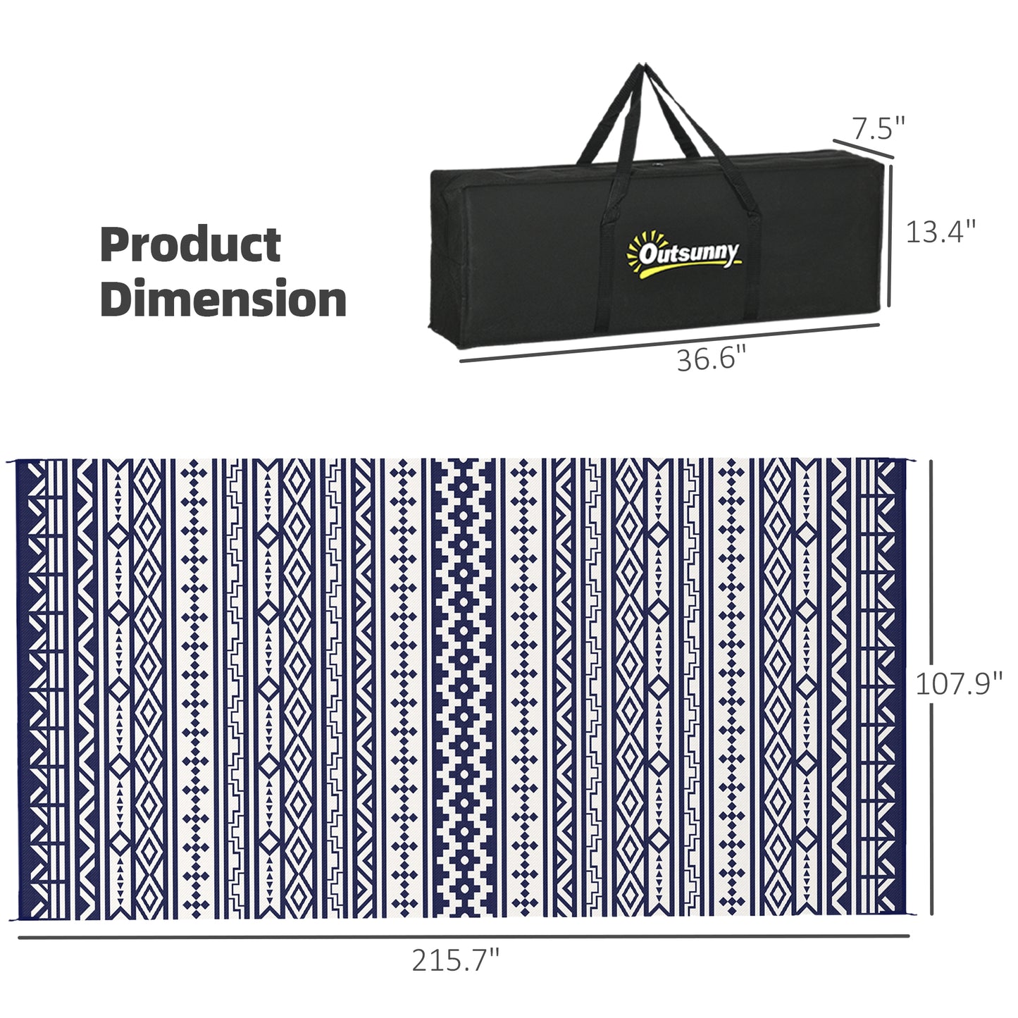 Reversible Outdoor Rug - Waterproof Plastic Straw, 9' x 18', Blue & White Geometric