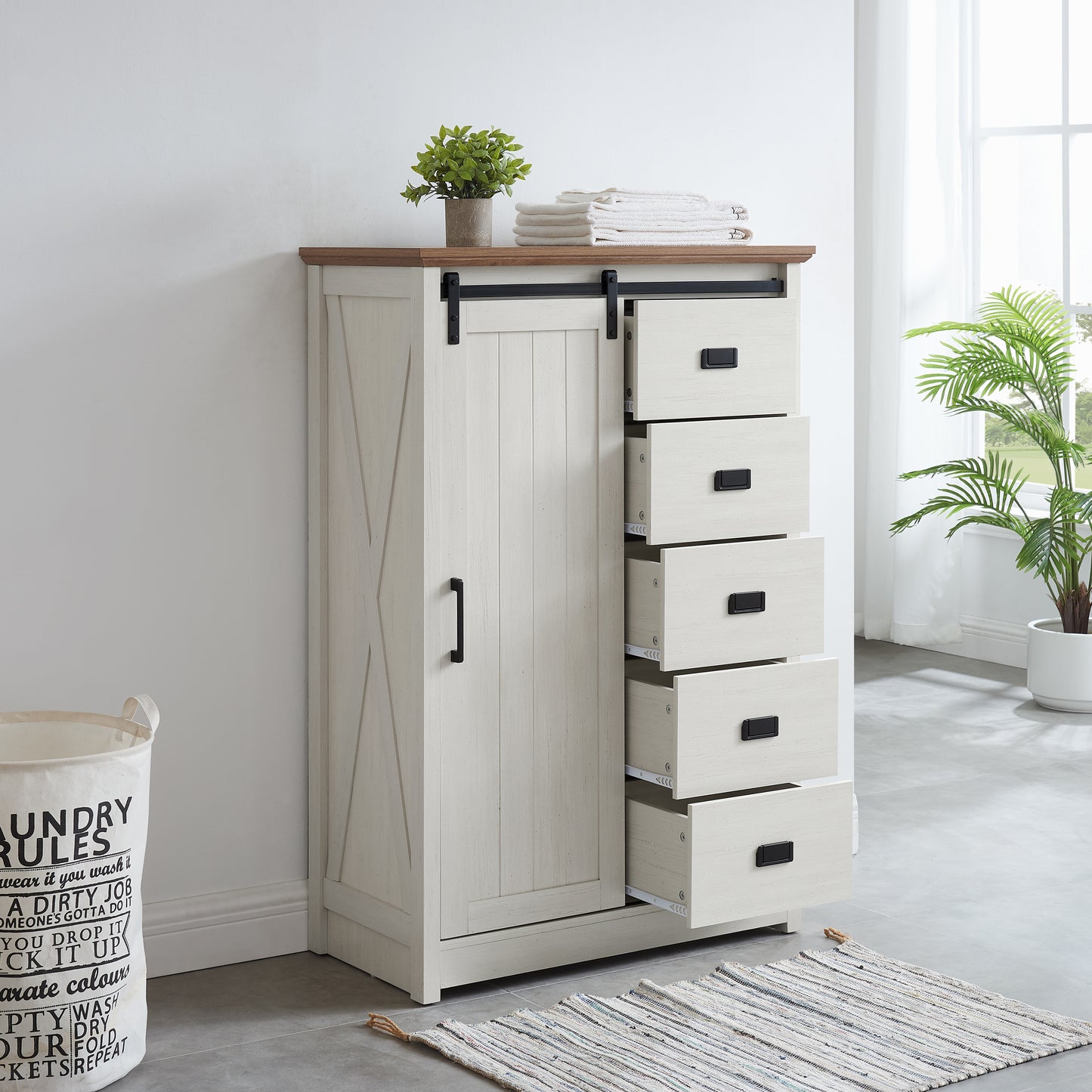 5-Drawer Farmhouse Dresser with Sliding Barn Door - White