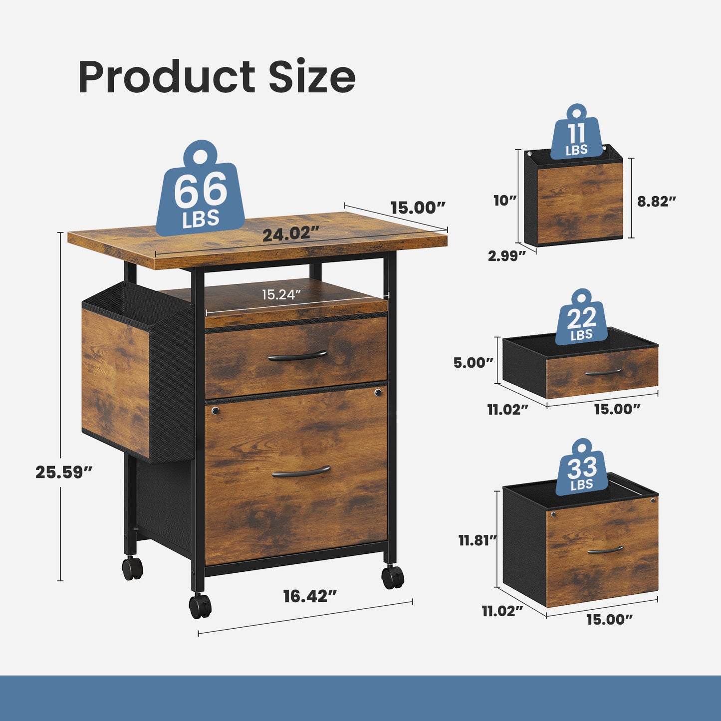 Rollable Filing Cabinet, Equipped With Drawers And Storage Shelves,