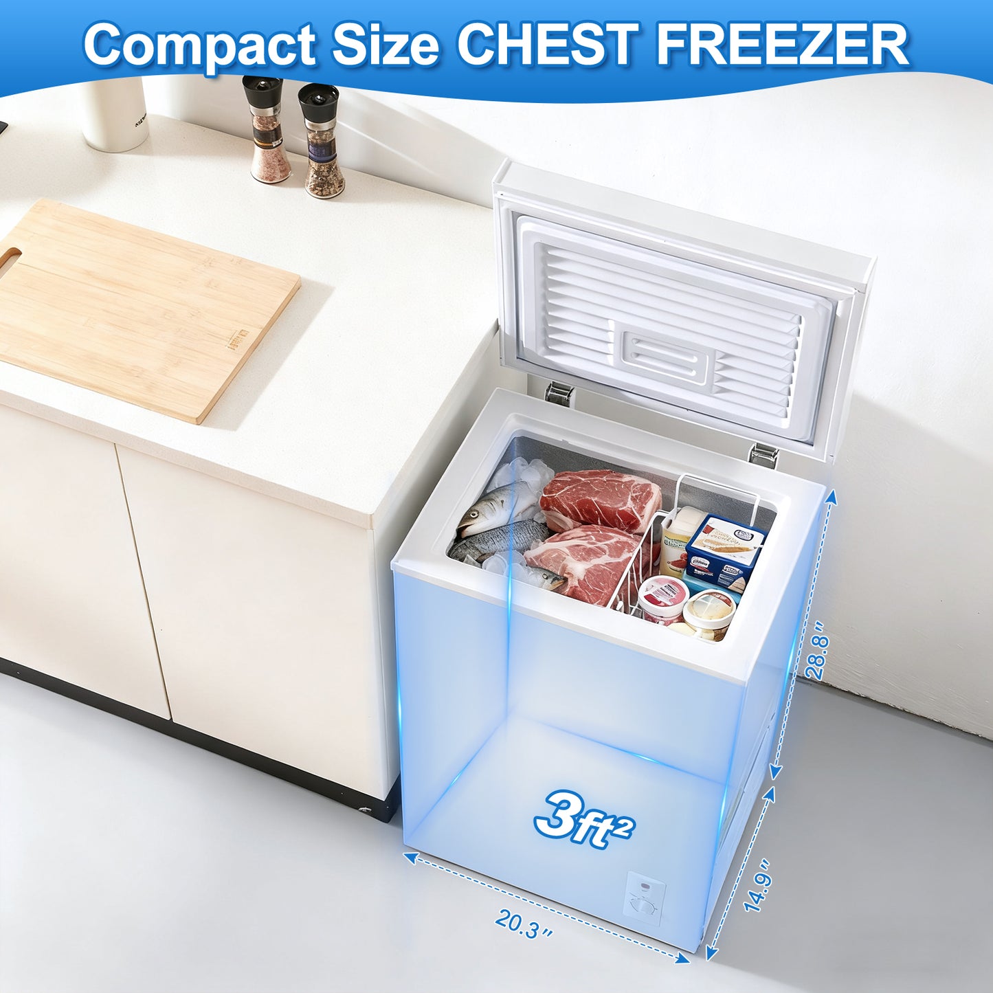 3.5 Cu.Ft Small Chest Freezer Compact Deep With 7-Level Temperature