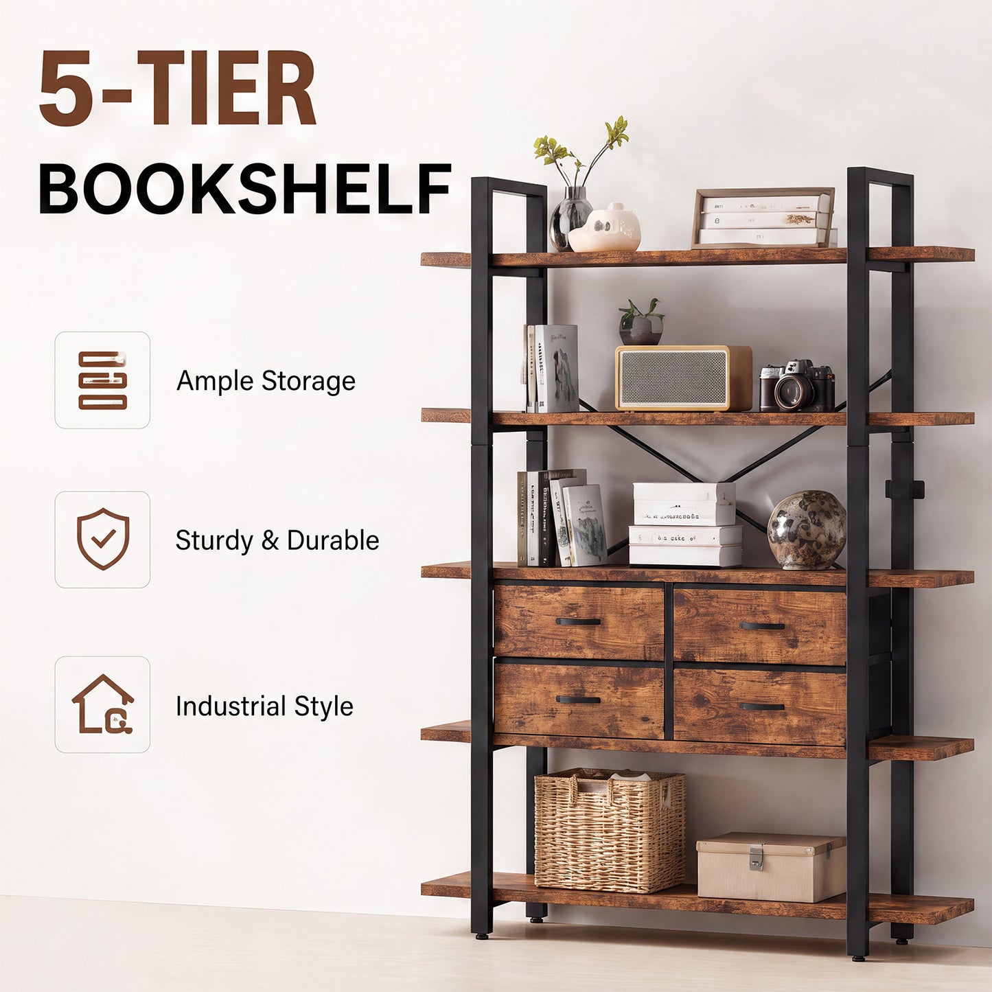 Industrial 5-Tier Bookshelf with 4 Drawers - Rustic Brown