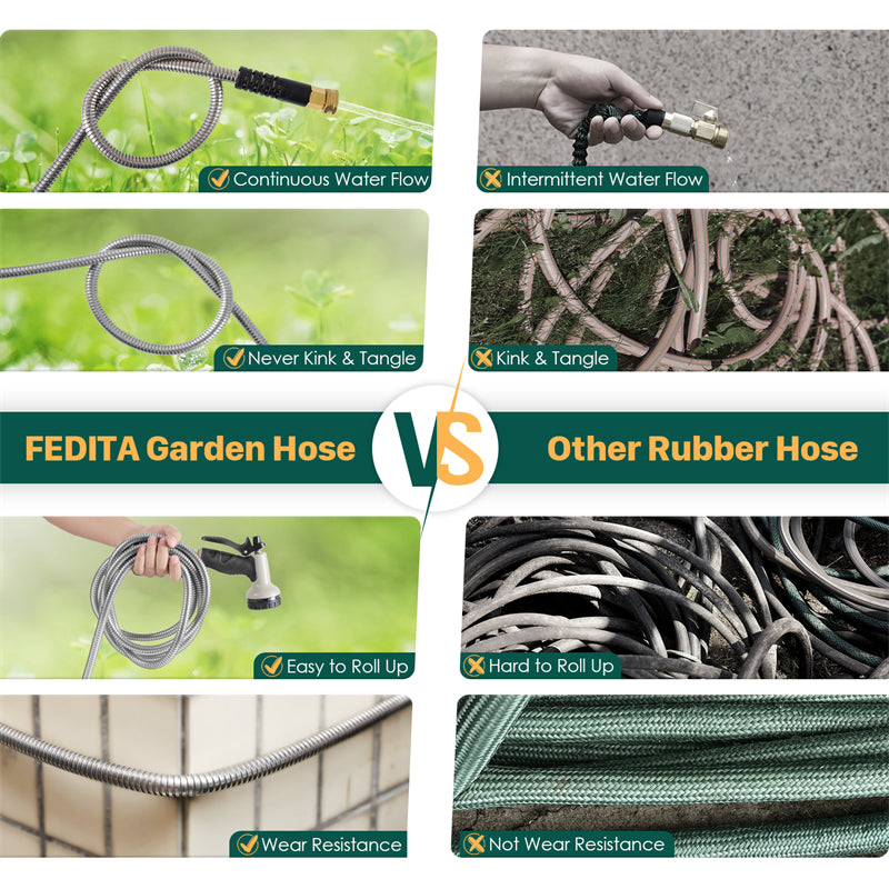 Heavy Duty Stainless Steel Garden Hose 100ft with 10 Spray Patterns & Nozzles