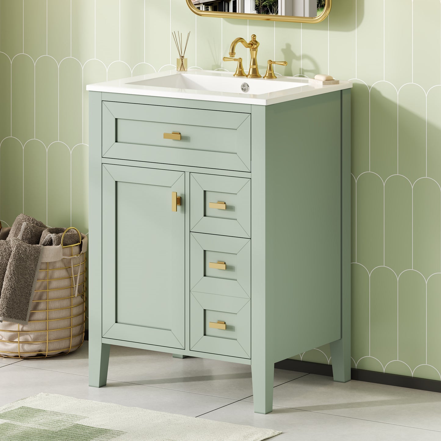 24'' Green Bathroom Vanity with Sink - Modern MDF & Rubberwood