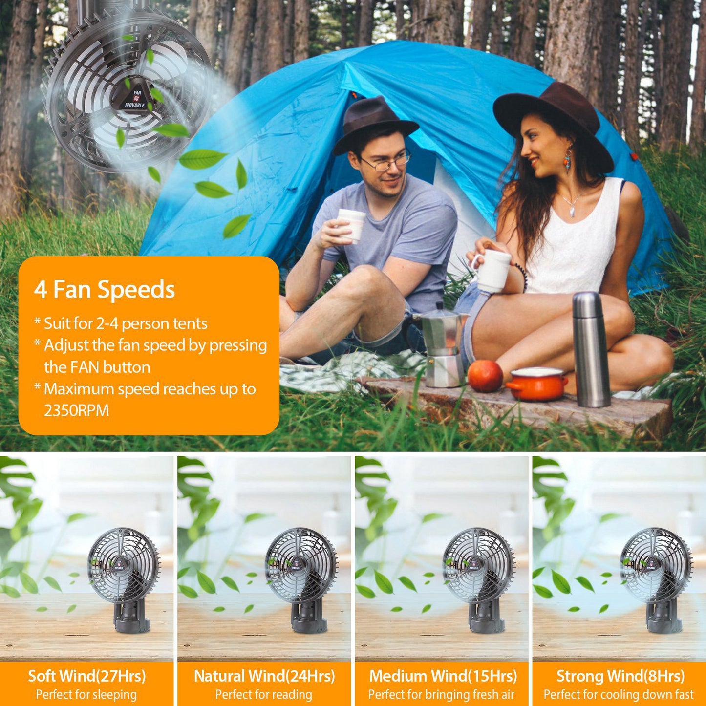 10400mAh Portable Camping Fan with LED Light - Black