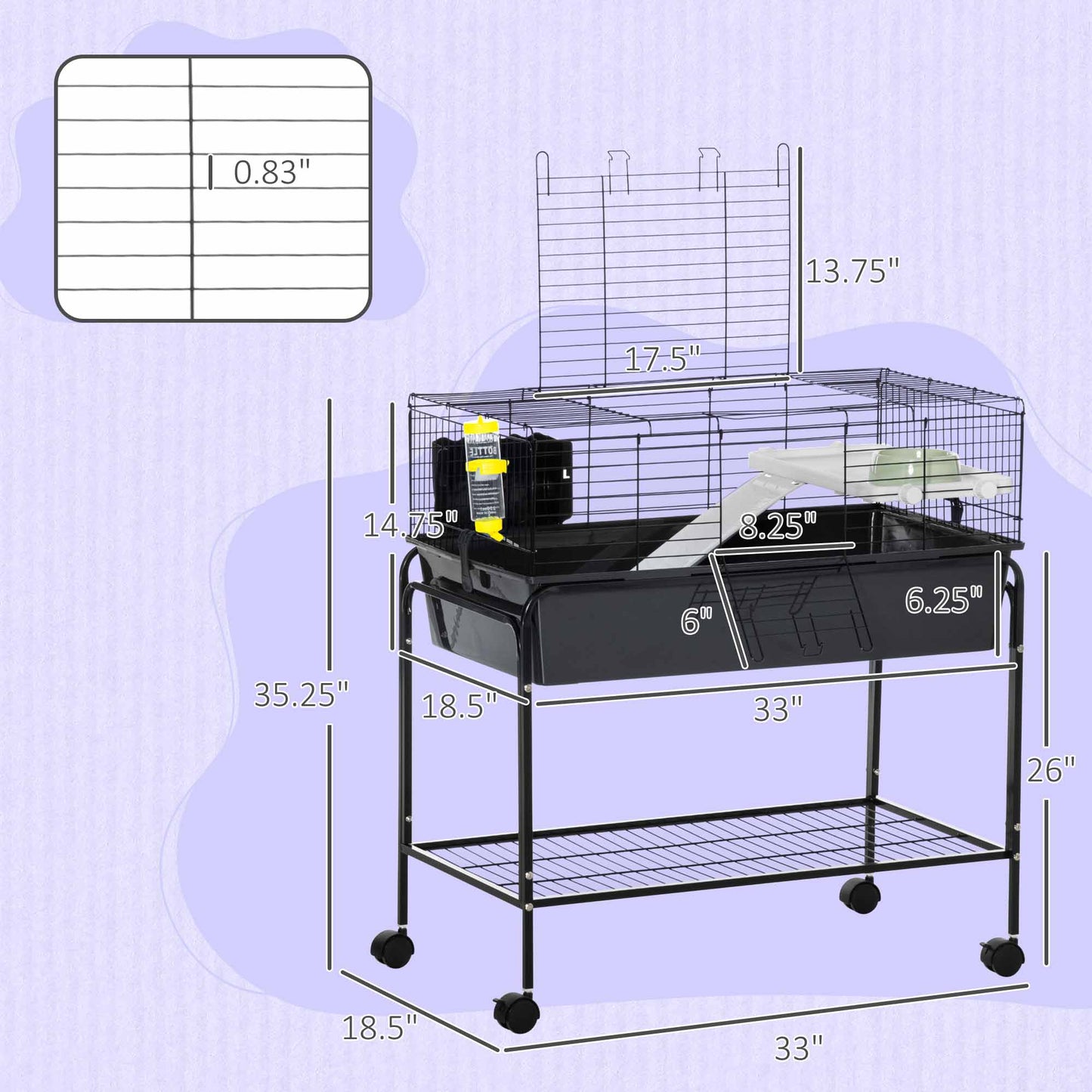 Small Animal Cage with Removable Stand, Wheels & Shelf - 33x18.5x35 in Charcoal Gray