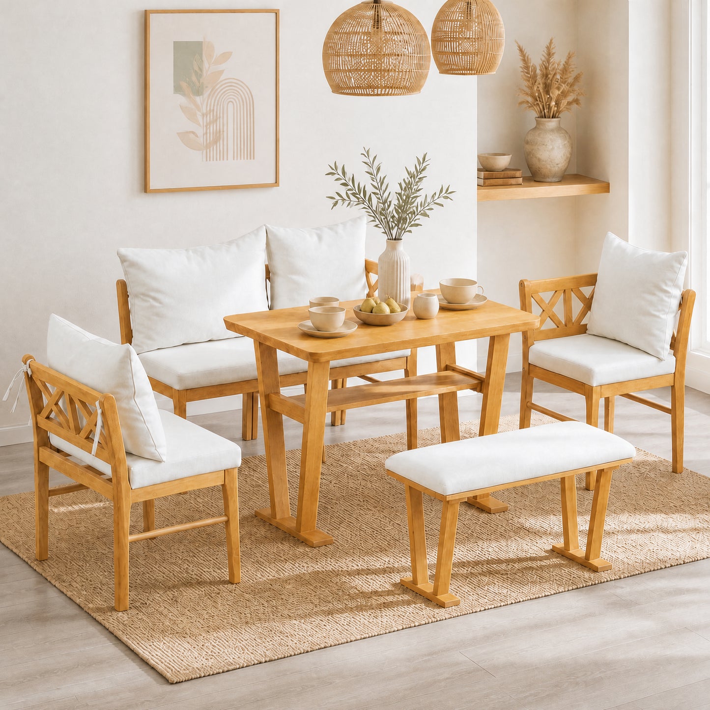 Farmhouse Solid Wood Kitchen Nook Dining Set for 6 - Natural & White