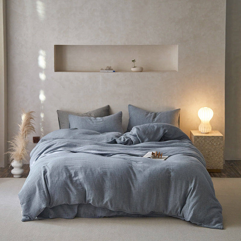 Japanese-Style Cotton Bedding Set - 4-Piece Double Layer Wrinkle-Resistant Comforter & Sheets
