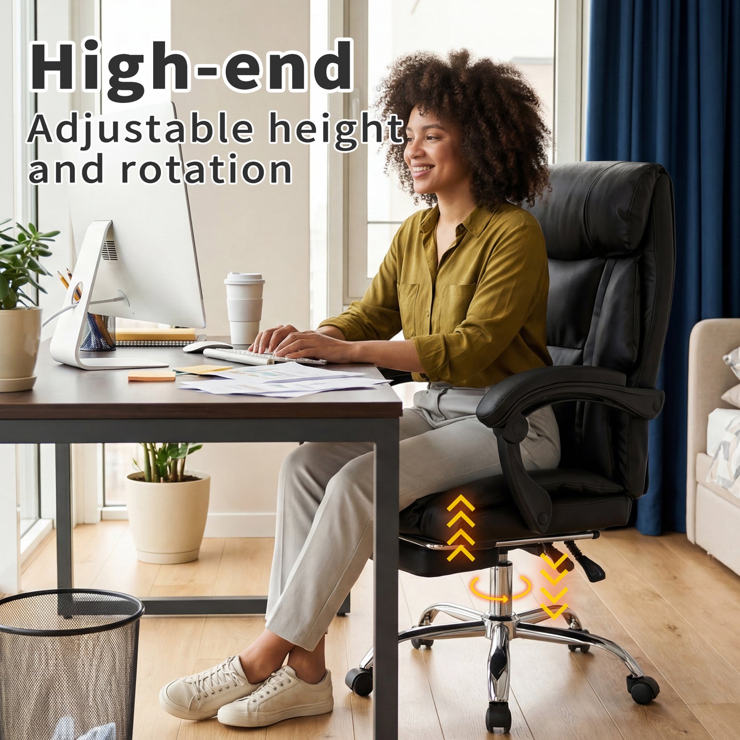 Adjustable Height Executive Office Chair with Foot Rest - Black