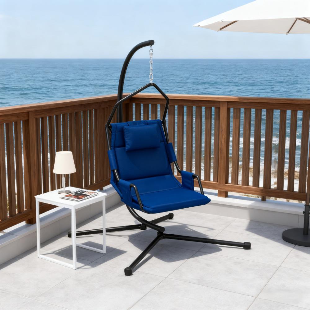Hanging Swing Chair with Steel Frame & Coating Cushion - Black & Dark Blue