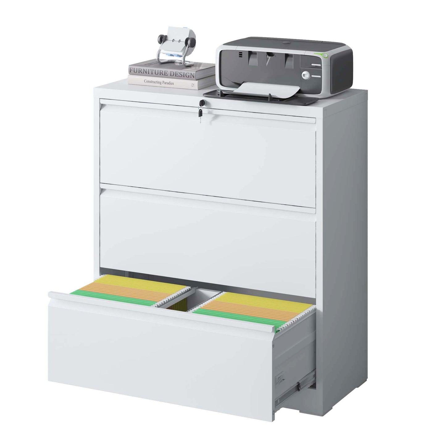 Lateral File Cabinet 3 Drawer, White Filing With Lock, Lockable For