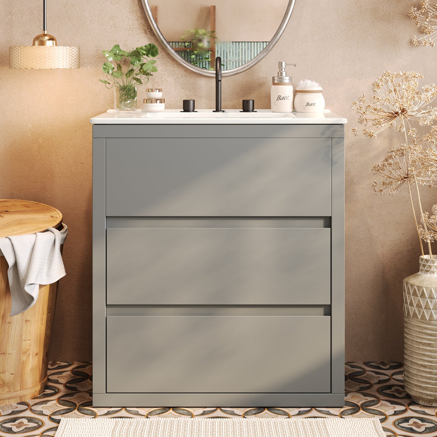 30" Gray Bathroom Vanity with Ceramic Sink & 2 Drawers