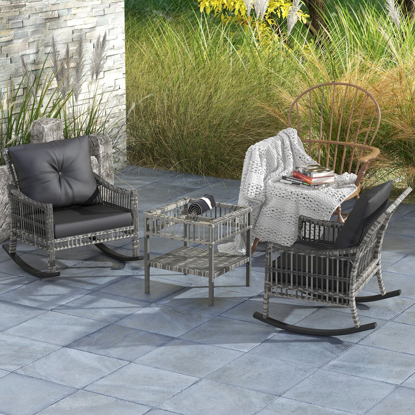3-Piece Outdoor Rattan Rocker Chair Set with Glass Table - Gray