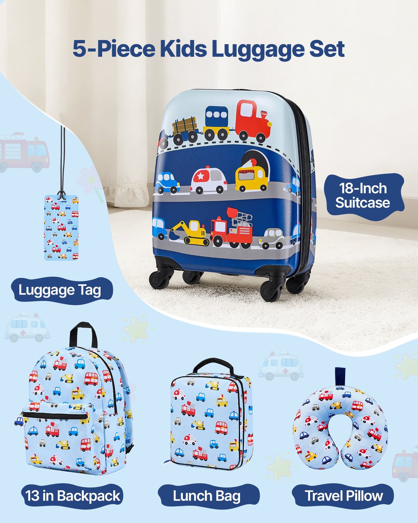 Kids Luggage Set 5-Piece 18 Inch Hardside Suitcase with Backpack & Pillow, Airline Approved Travel Gear for Boys Girls