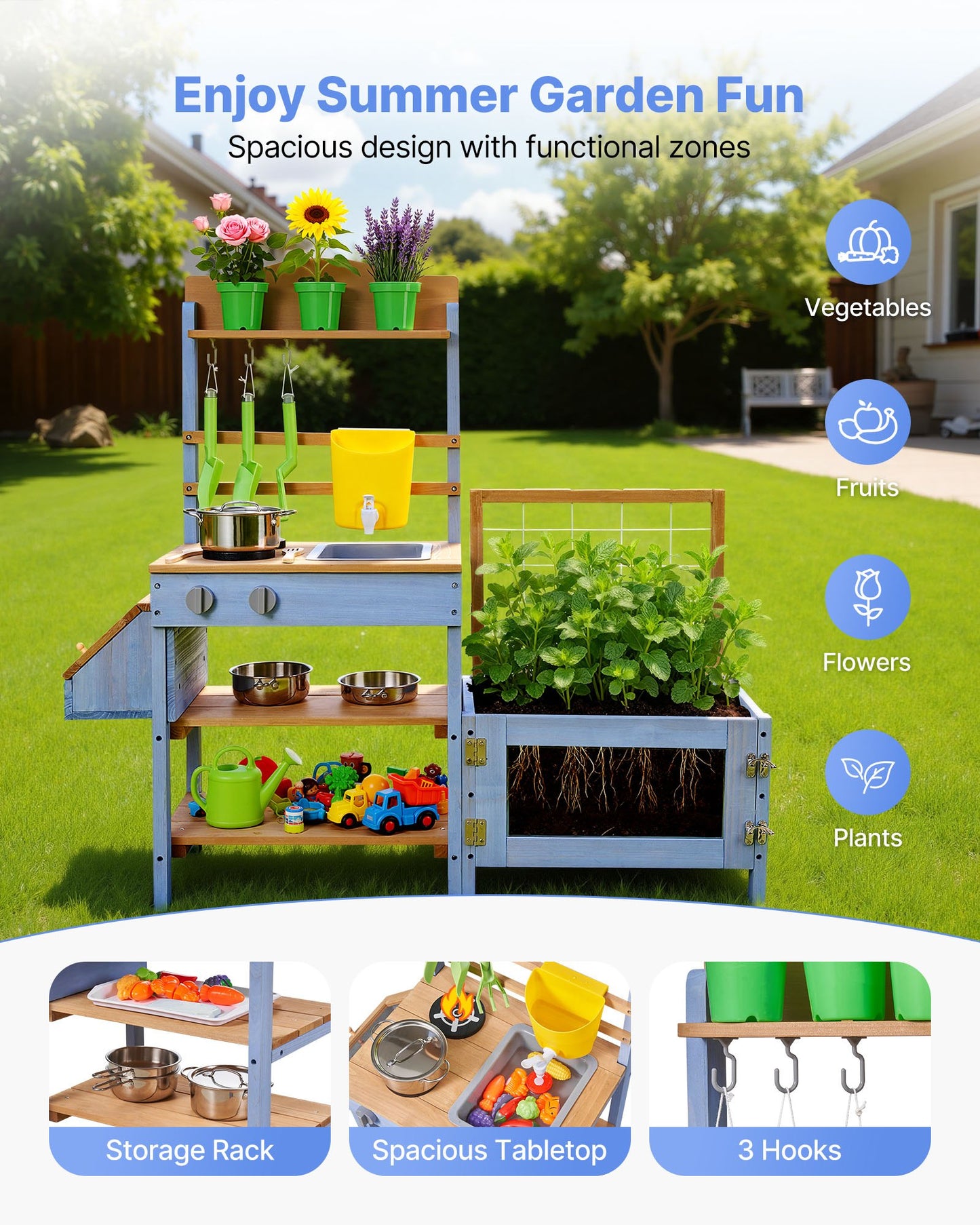 Outdoor Kids Mud Kitchen with Planting Box and Water Tank - Wooden Playset for Garden