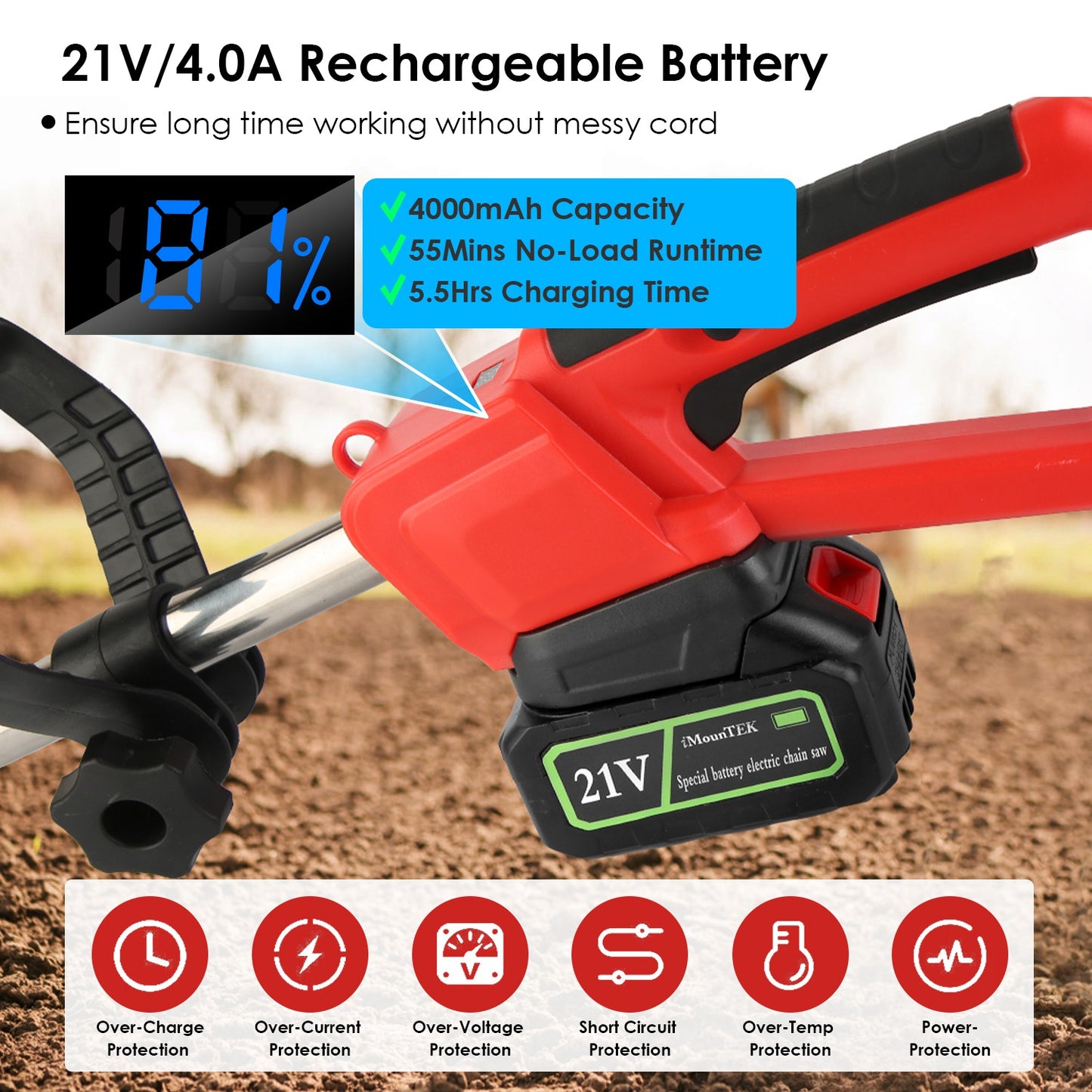 Cordless Electric Garden Tiller with 16 Steel Tines 9-Inch Width 550W