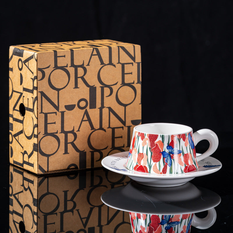 Elegant Iris Flower Ceramic Coffee Cup Set with Gift Box - Multiple Styles & Sizes