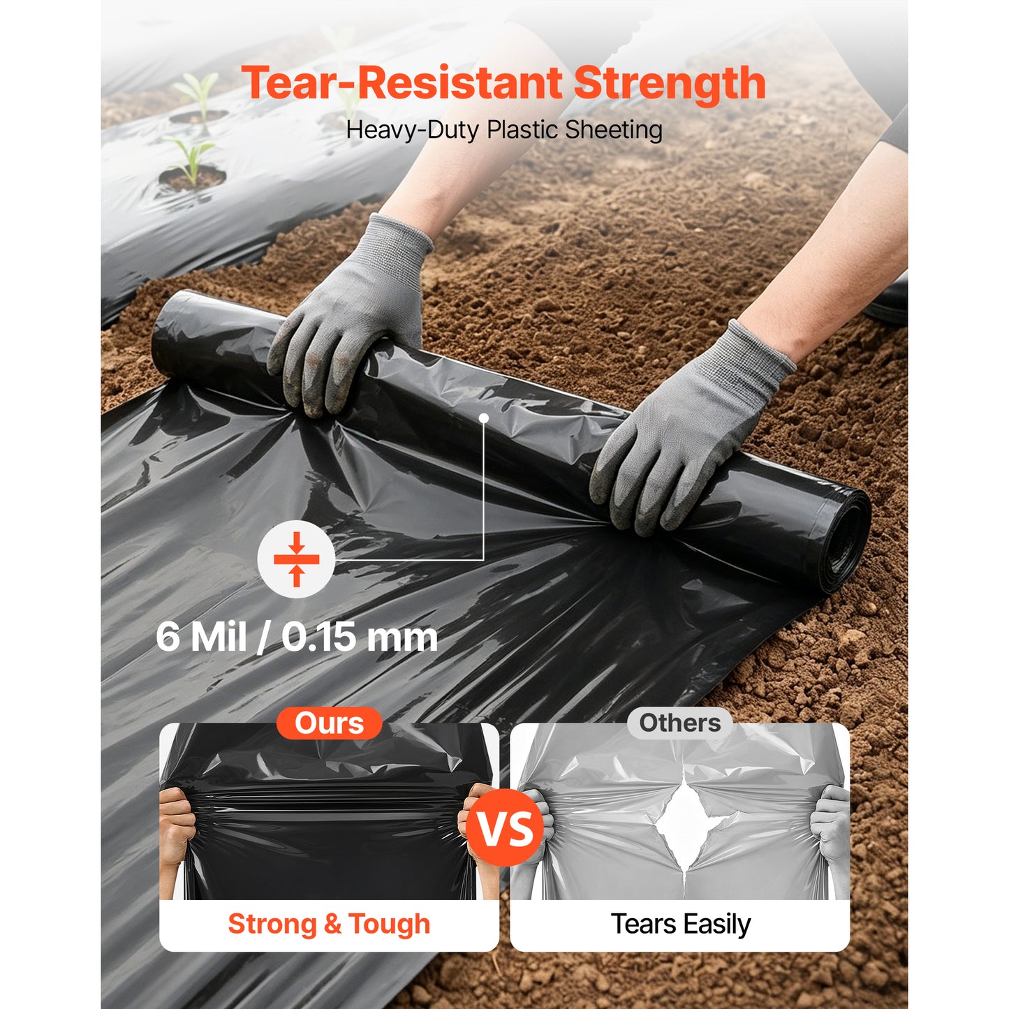 Heavy Duty Black Plastic Sheeting 10x25 ft - Garden, Drop Cloth, Vapor Barrier