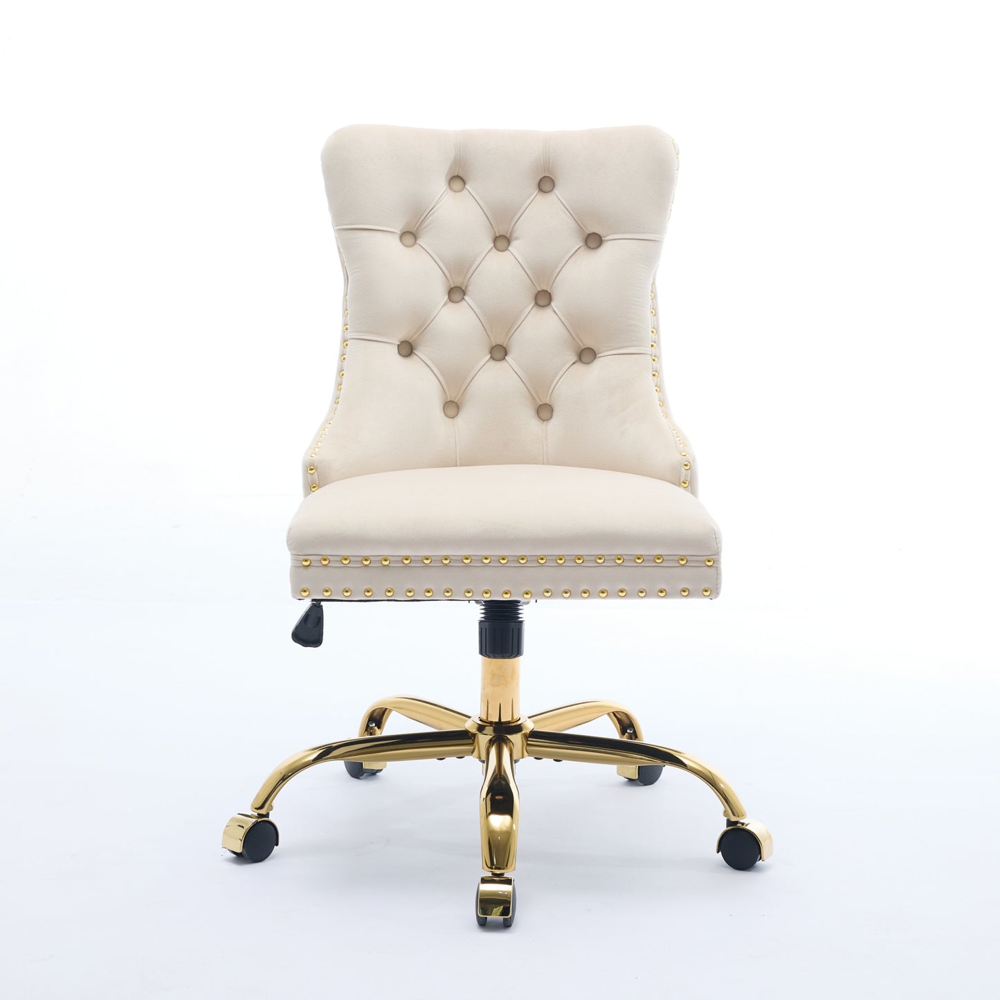Beige Velvet Office Chair - Modern Tufted Design with Golden Base
