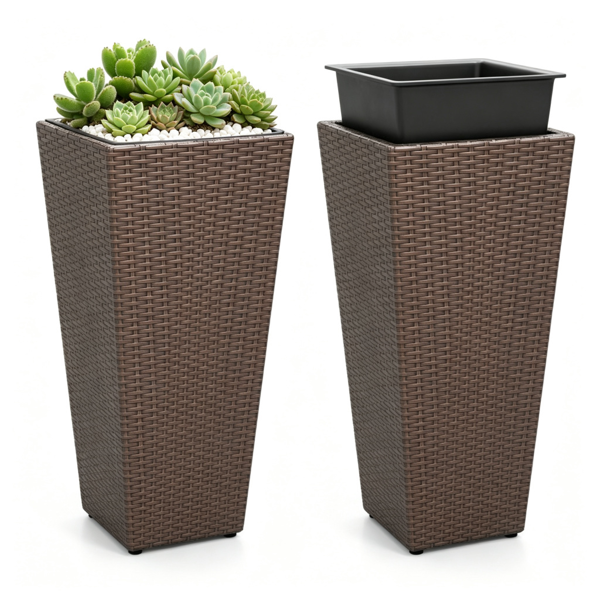 Set of 2 Rattan Planters with Removable Inner Pots & Adjustable Metal Frames - Brown Garden Decor