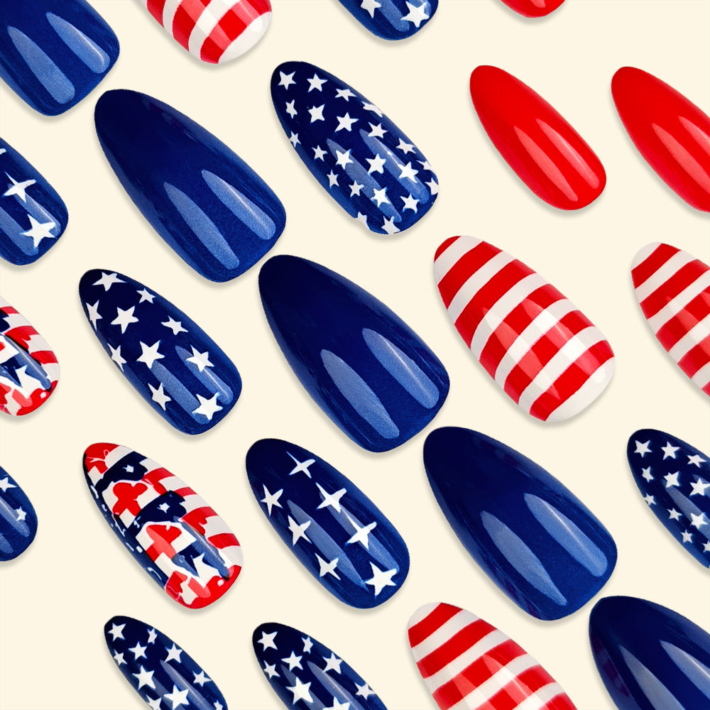 24-Piece Almond-Shaped Acrylic Nail Stickers with Jelly Glue for Manicure, Independence Day Star Pattern