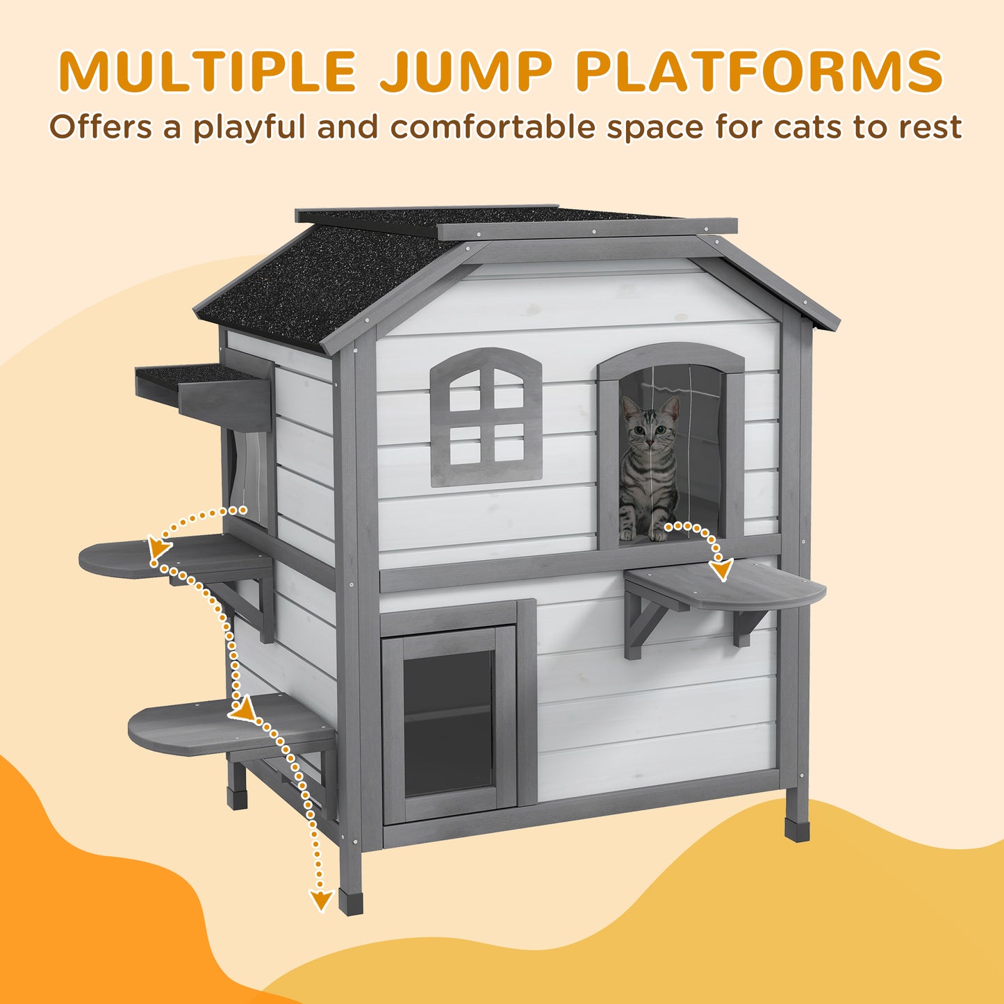 Wooden Outdoor Cat House with 2 Tiers and Openable Asphalt Roof - Feral Cat Shelter