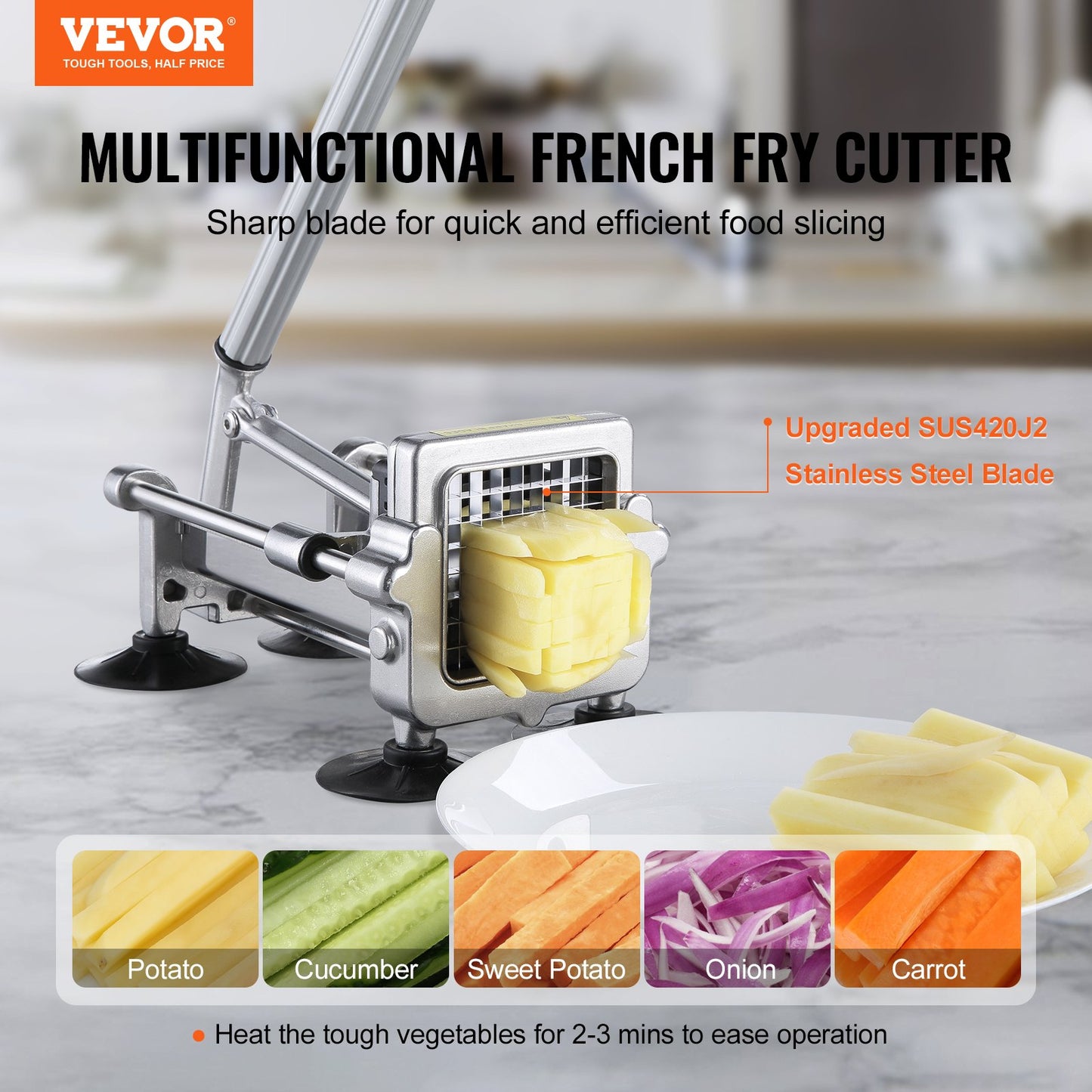 Stainless Steel French Fry Cutter with 3 Blades - Vegetable Slicer & Chopper