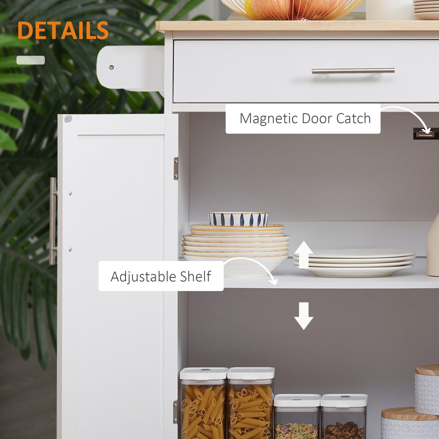 Rolling Kitchen Island Cart with Solid Wood Top & Storage - White