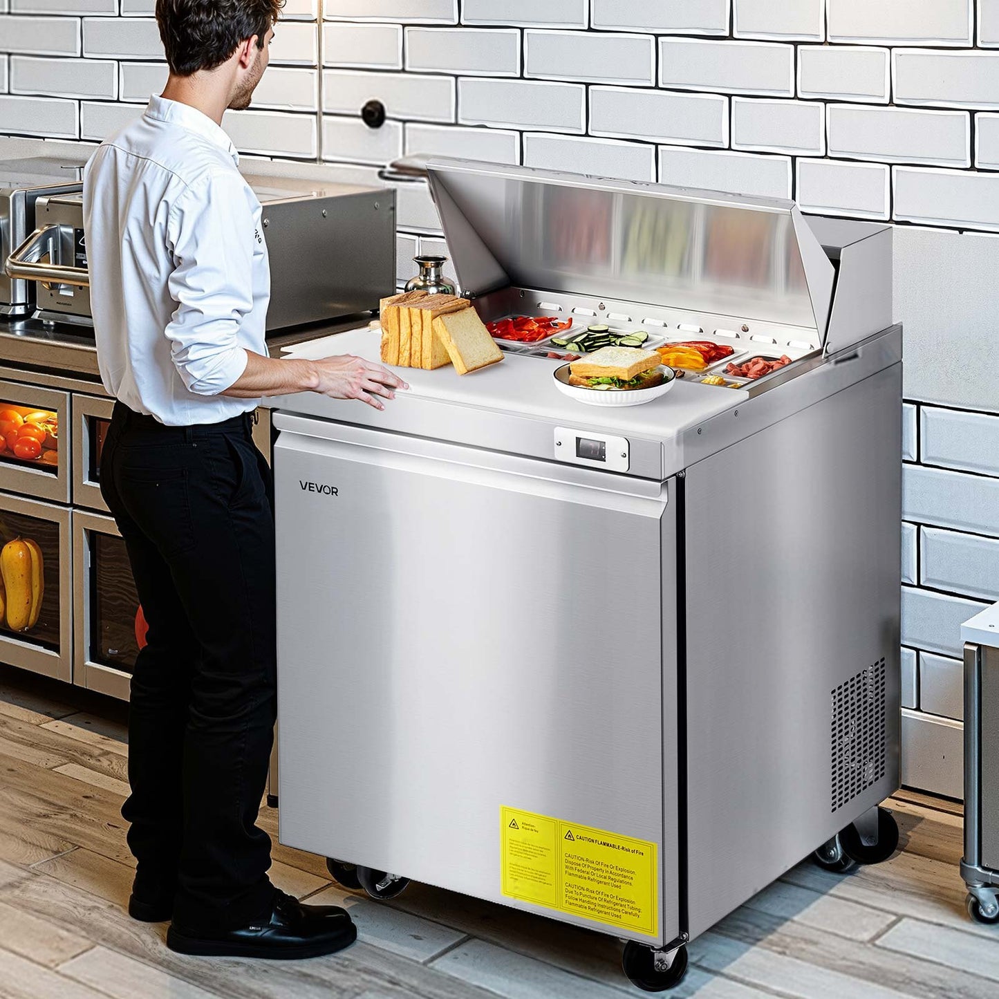 Commercial Stainless Steel Sandwich Prep Worktable with Refrigeration - 7.1 Cu Ft
