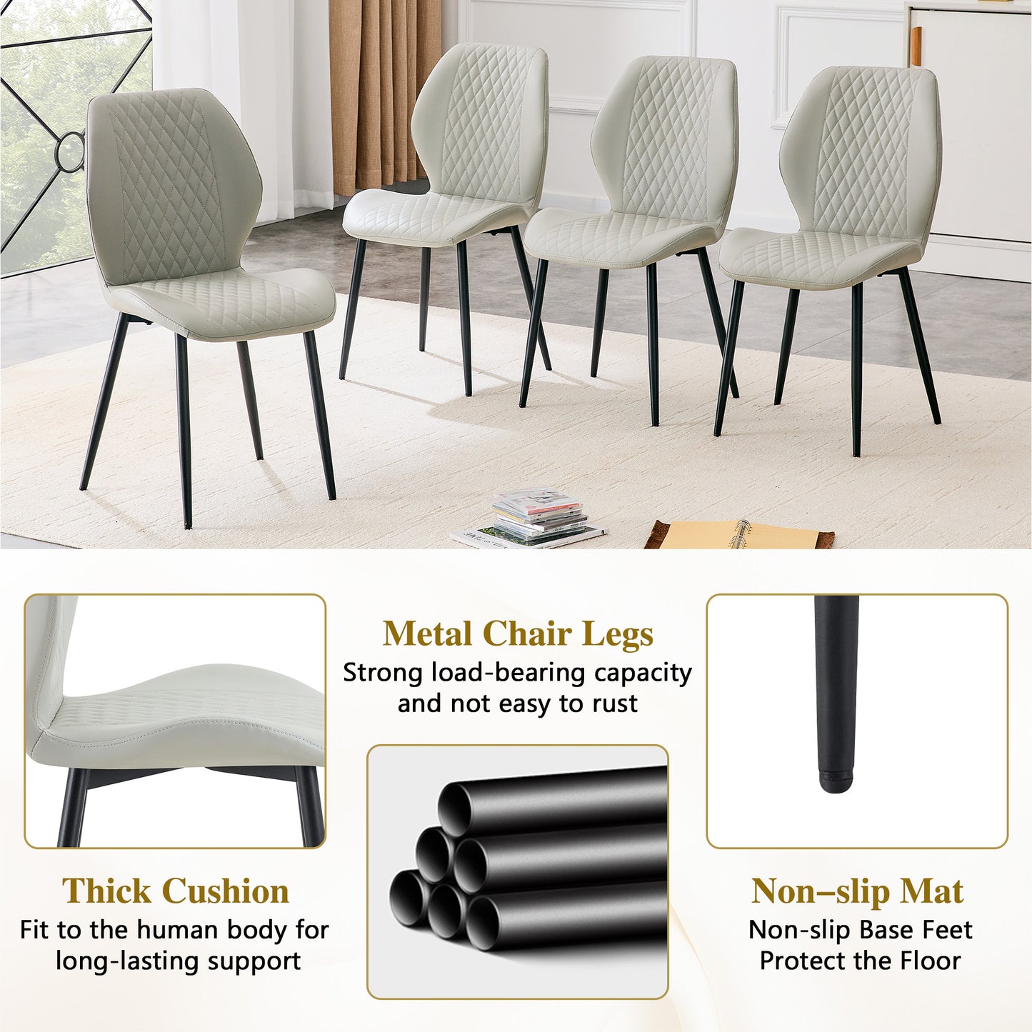 Set Of 4 Modern Light Luxury Gray Diamond-quilted PU Chairs With