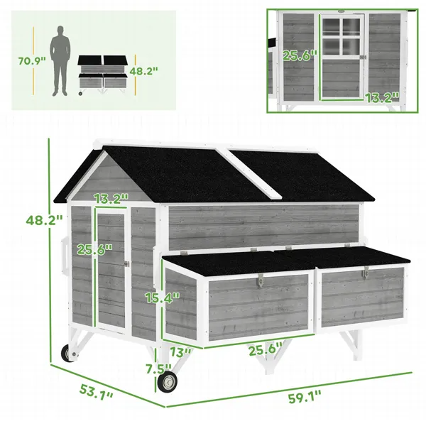 Large Waterproof Chicken Coop with Nesting Boxes & Wheels - Gray