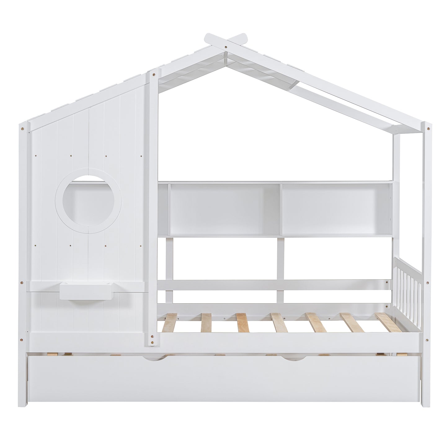 Wooden Twin Size House Bed With Trundle, Modern Design For Kids