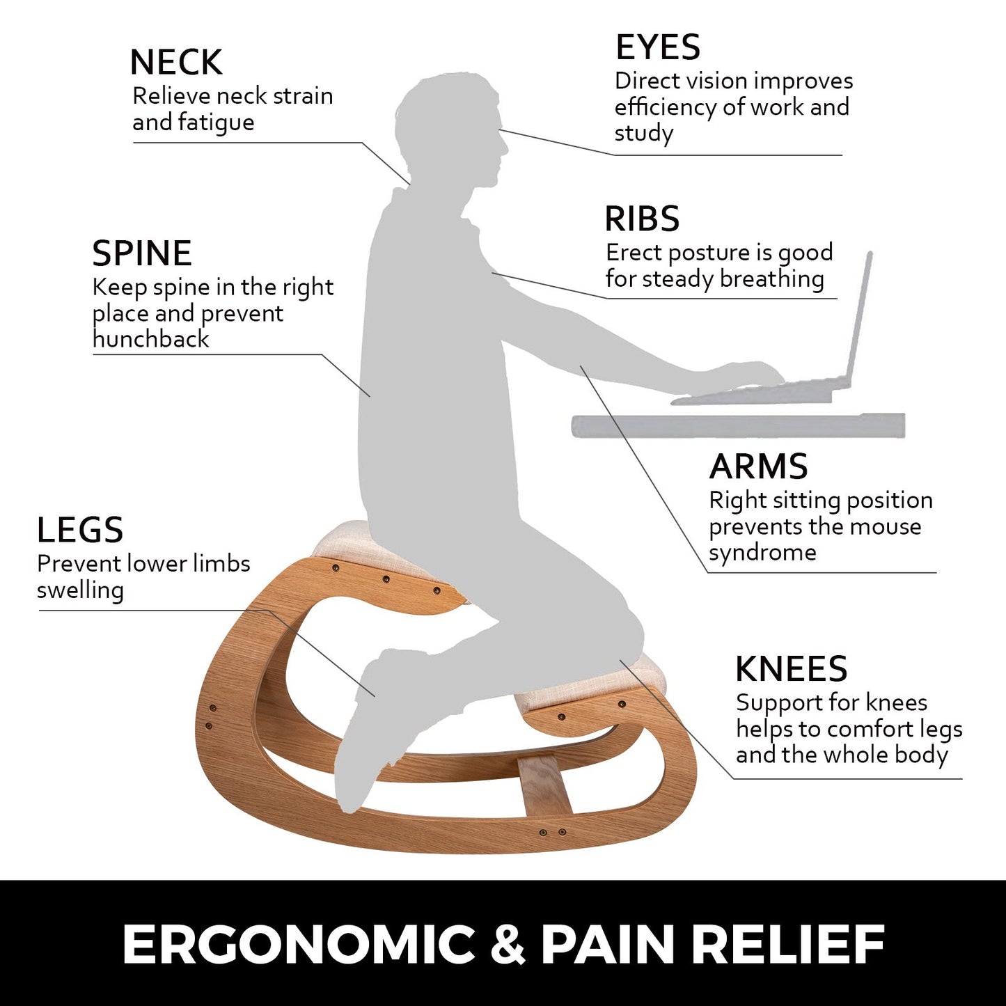 Ergonomic Kneeling Chair for Better Posture - Natural Wood