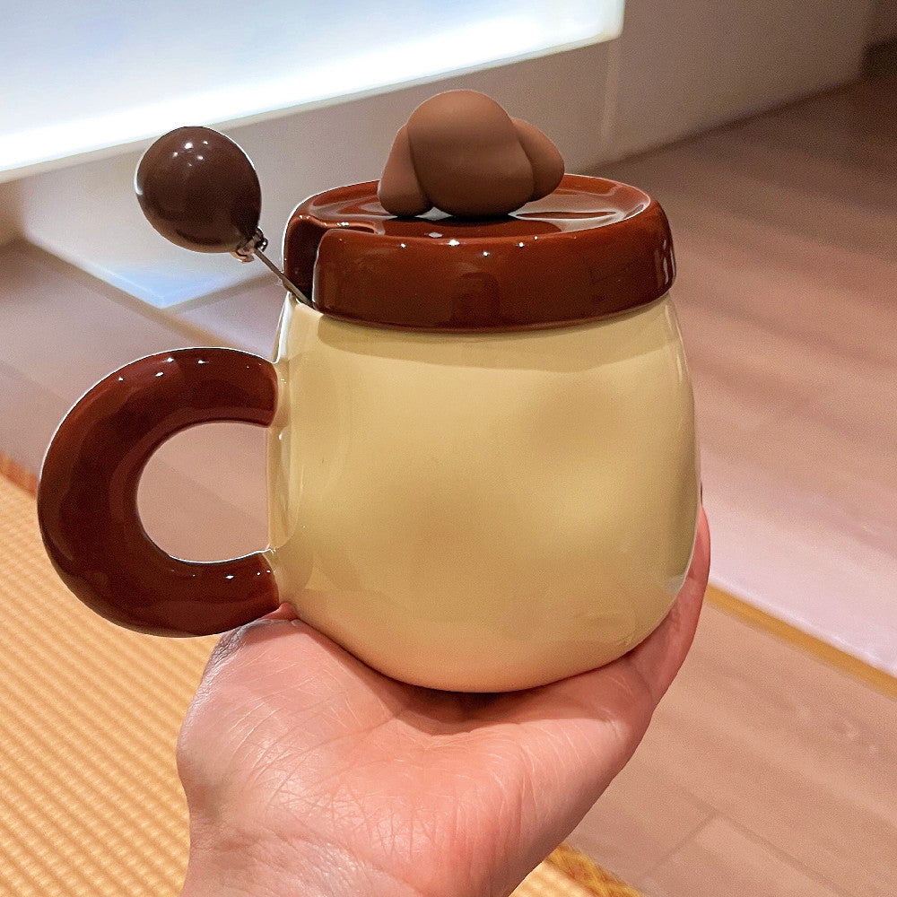 Cartoon Sausage Dog Mug with Lid and Spoon - Ceramic Water Cup, 350ML