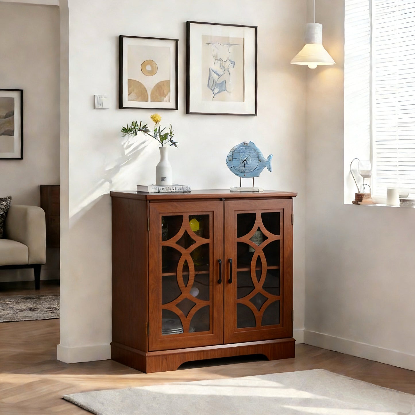 34.37X 15.55X 34.06in Spacious Size Sideboard 2 Clear Tempered Glass