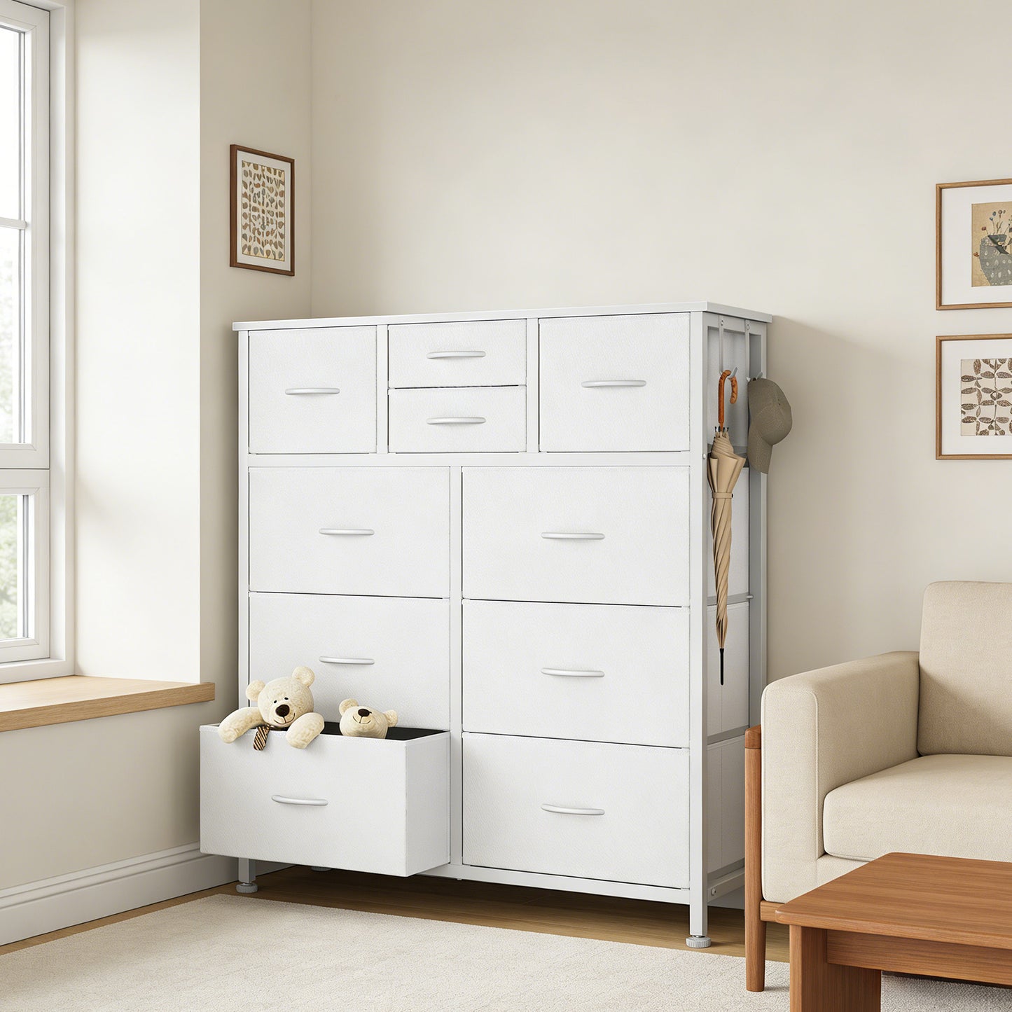 10-Drawer Storage Cabinet with Side Pocket & Hooks - White