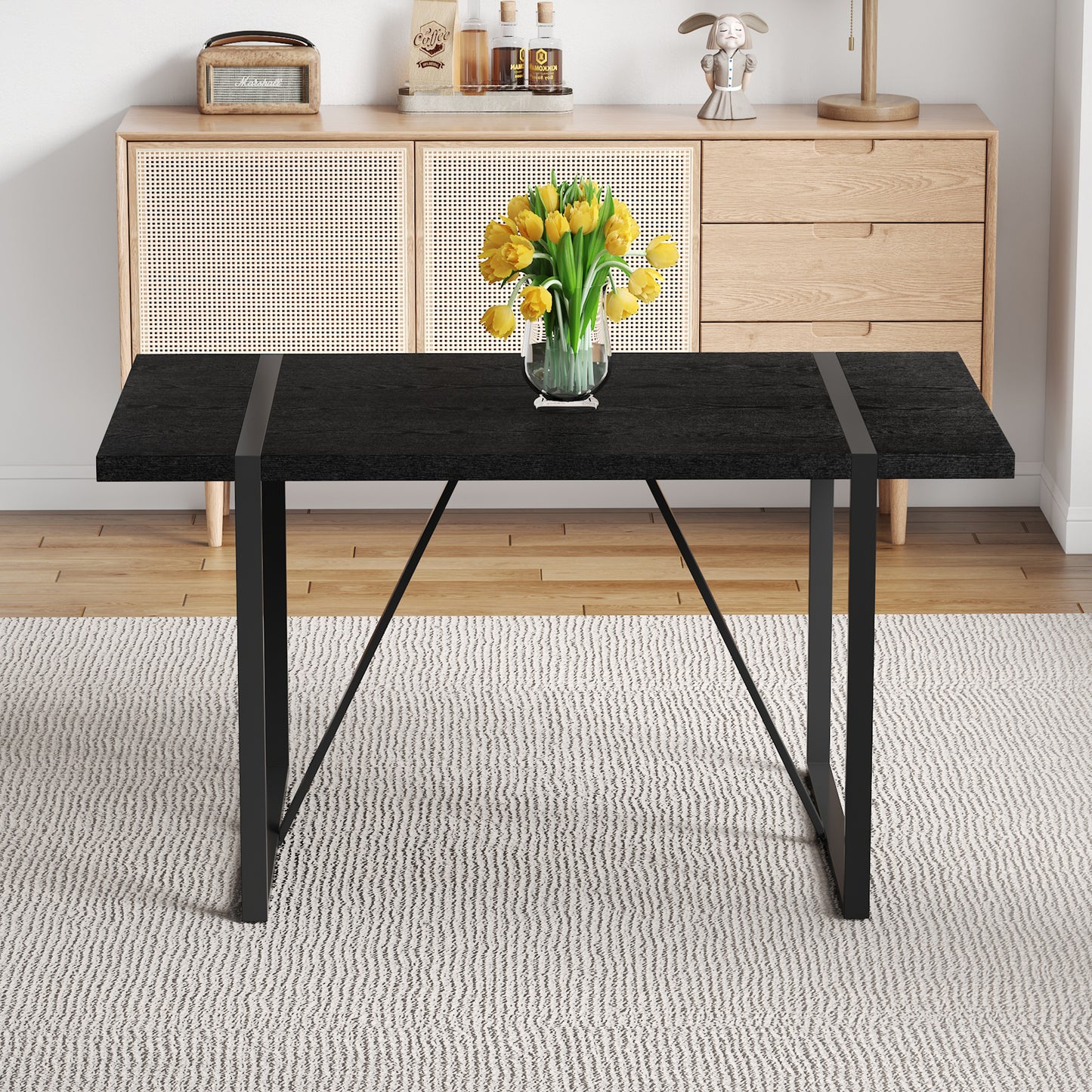 A 55-Inch Minimalist Retro Rectangular Dining Table With Black