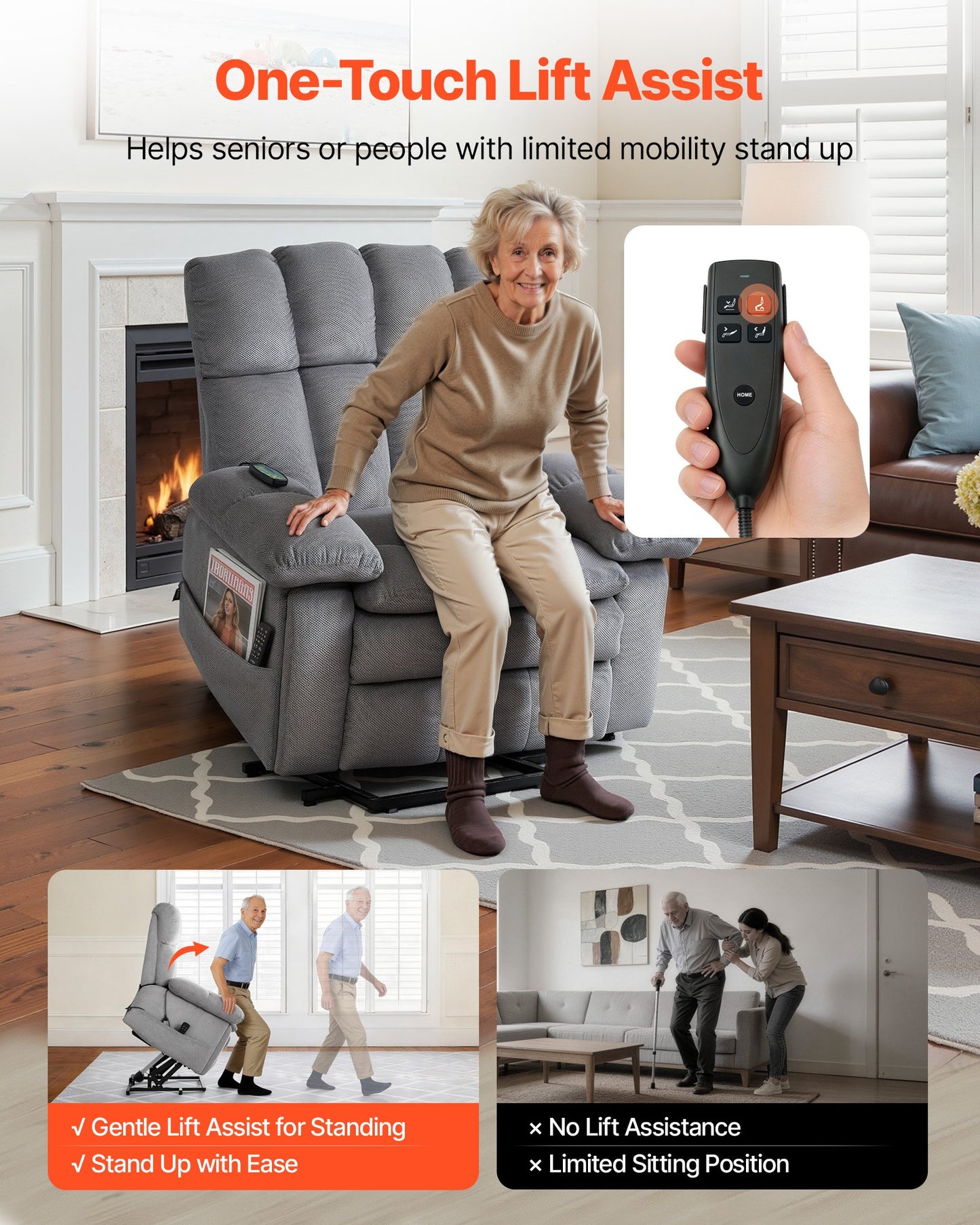 Electric Power Lift Recliner Chair with Heat Massage & Cup Holders - Oversized Gray