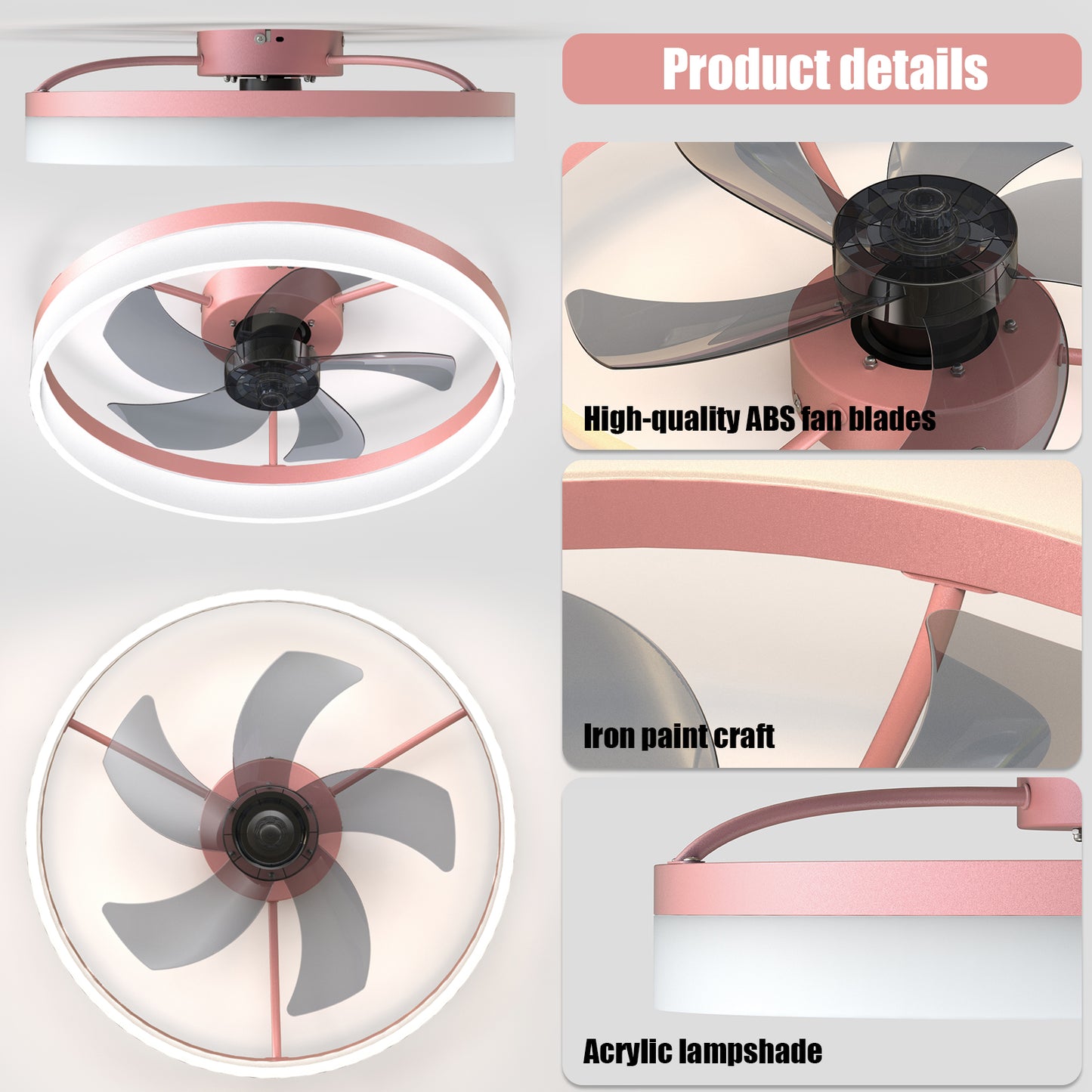 Dimmable LED Ceiling Fan with Lights - Modern Thin Design, Pink