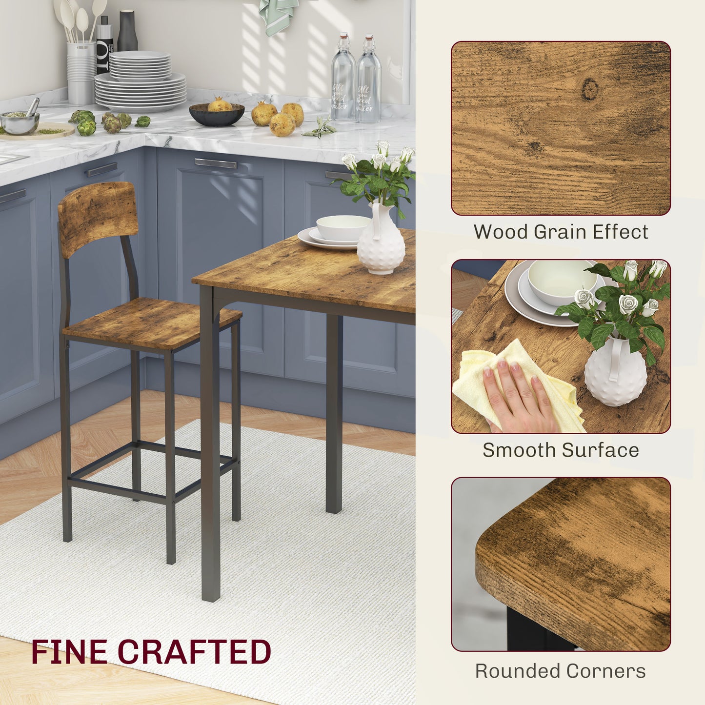 3-Piece Rustic Brown Dining Table Set with 2 Stools