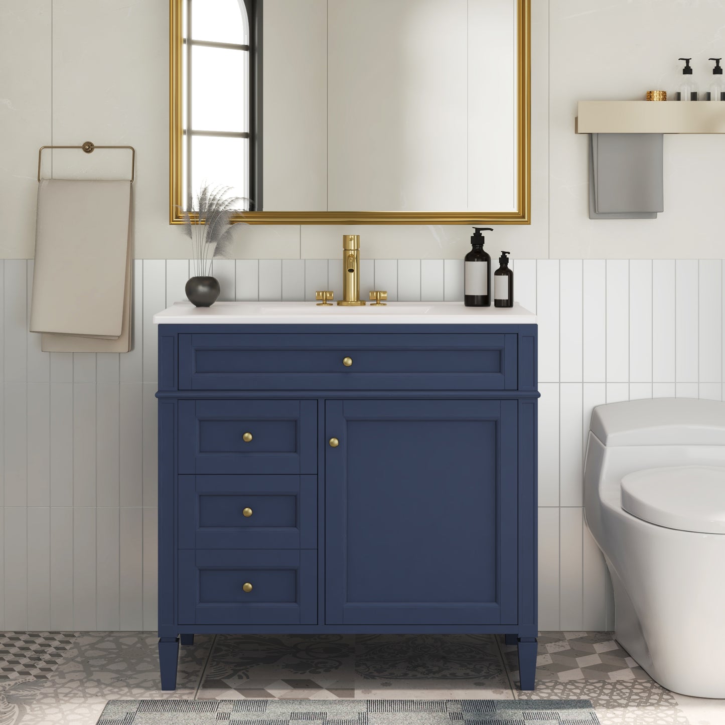 36'' Blue Bathroom Vanity with Ceramic Sink & 3 Drawers