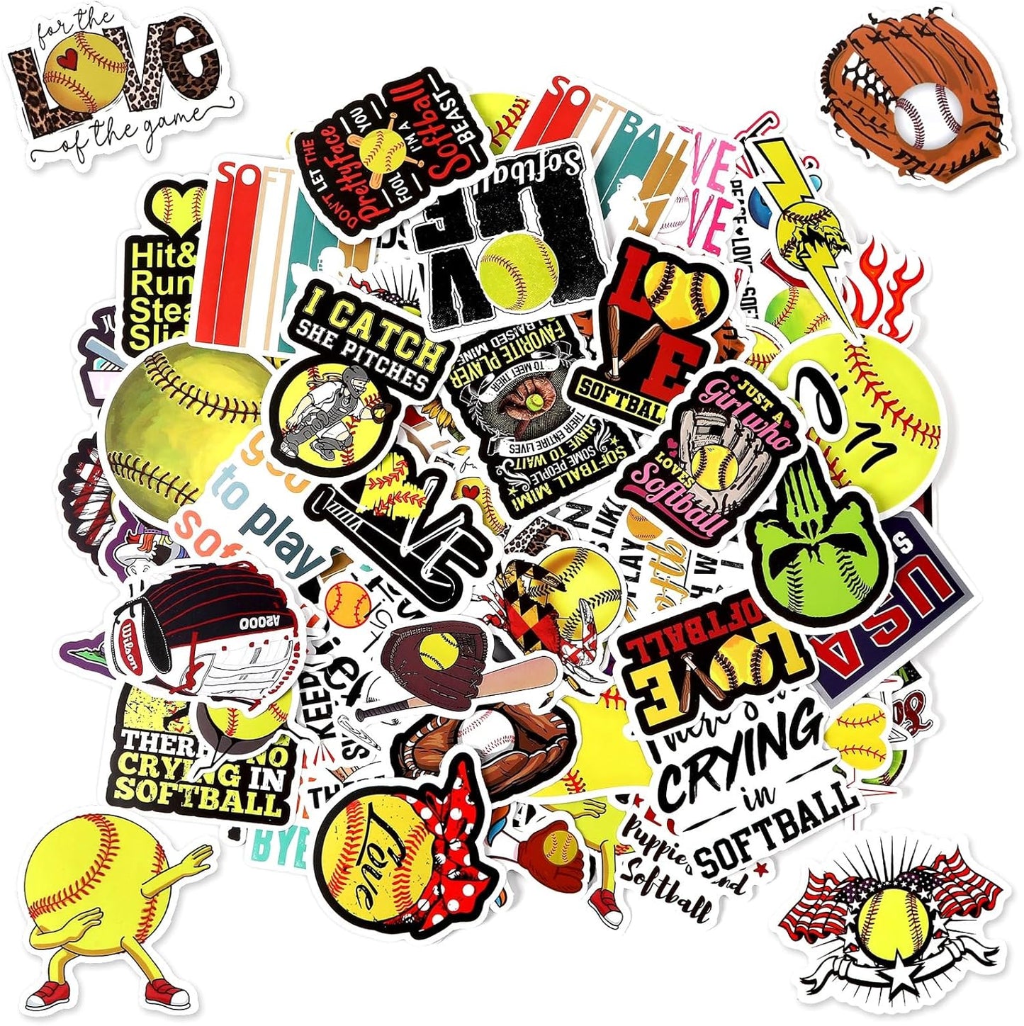 100 PCS Softball Stickers - Vinyl Decals for Water Bottles, Laptops, and More