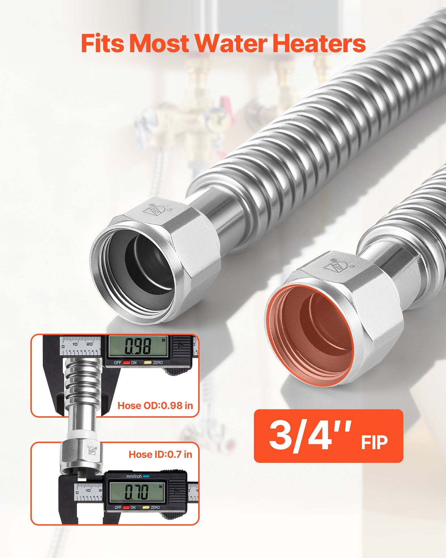 Water Heater Flex Connector Kit 24 Inch Stainless Steel Leak-Proof FIP Fittings