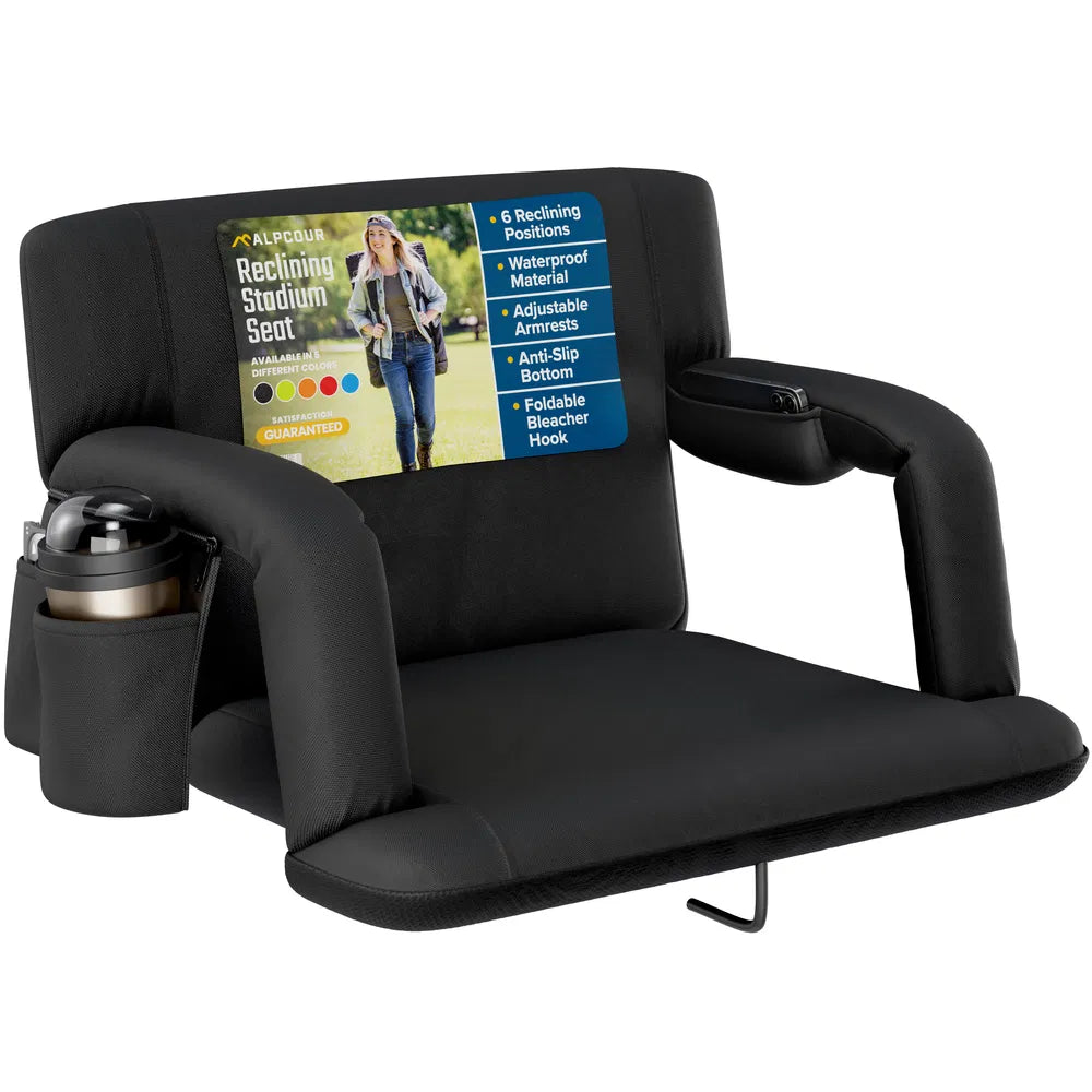 Reclining Stadium Seat - Waterproof Foldable Camping Chair with Armrests & Adjustable Positions