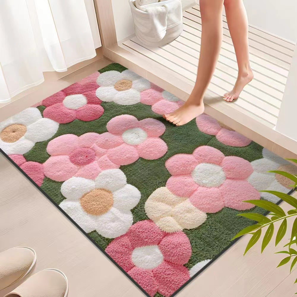 Water-Absorbing Floral Velvet Doormat for Bathroom - 60x90cm, Green