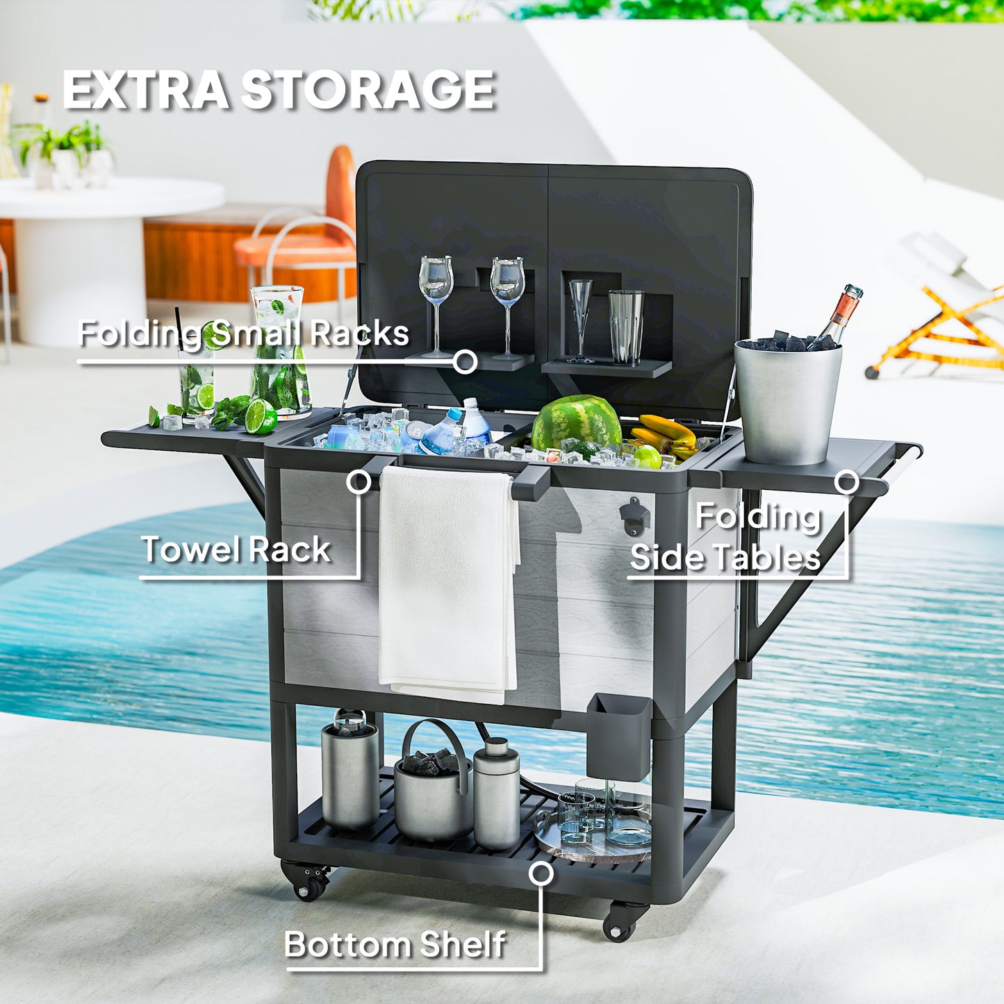 104 Quart Outdoor Cooler Cart with Bottle Opener & Wheels - Gray